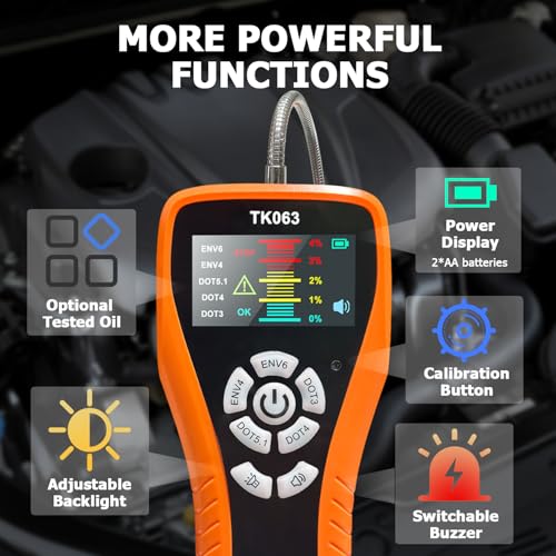 Brake Fluid Tester for DOT3 DOT4 DOT5.1 EVN4 EVN6, High-Sensitivity Digital Brake Oil Moisture Tester with LCD Display, Built-in Calibration, Corrosion Resistance Probe, Buzzer Alarm