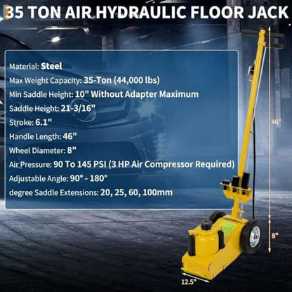 GarveeTech 35 Ton Air Hydraulic Floor Jack for Heavy Duty Trucks & Tractors – Low Profile (10"-21.19"), 4 Adapters, 46" Adjustable Handle – 77,000 lbs Capacity - color: 35 Ton Yellow