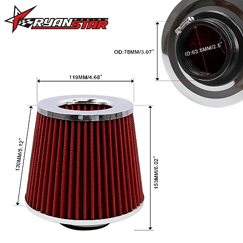RYANSTAR RACING 2.5 Inch Cone Air Filter 63mm High Flow 153mm Tall - color: red, size: 2.5" Short