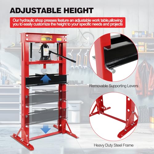 GarveeTech 20 T Hydraulic Press, 20 T H-Frame Garage Floor Hydraulic Shop Press, Adjustable Hydraulic Press with Plates, Red