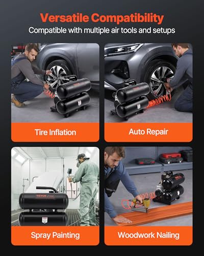 VEVOR Air Compressor, 4.6 Gallon Steel Tank, 1HP 2.2CFM@90 PSI Oil Free Air Compressor & Max 120PSI Pressure, 80dB Ultra Quiet Portable Compressor for Auto Repair, Tire Inflation, Spray Painting, 120V - size: 4.6 Gallon