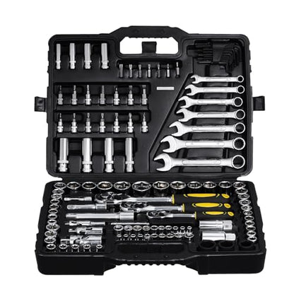 VEVOR 121-Piece Mechanics Tool Set - 1/4" 3/8" 1/2" Drive Sockets - SAE and Metric Mechanic Tool Kit with Bits - Ratchet Handle, Wrenches, Accessories, and Plastic Storage Case for Automotive Repair - size: 121-PCS