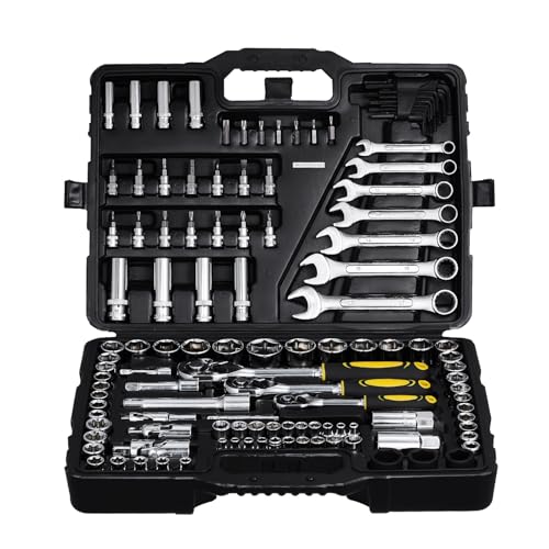 VEVOR 121-Piece Mechanics Tool Set - 1/4" 3/8" 1/2" Drive Sockets - SAE and Metric Mechanic Tool Kit with Bits - Ratchet Handle, Wrenches, Accessories, and Plastic Storage Case for Automotive Repair - size: 121-PCS