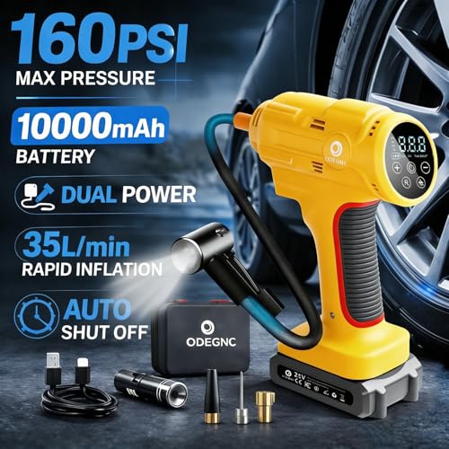 Cordless Air Compressor,160PSI Portable Tire Inflator with 10000mAh Battery & Dual Power System - 2X Faster (35L/min) Auto Shut Off Digital Gauge for Car SUV Truck RV - Yellow - color: Yellow