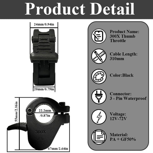E-Bike Thumb Throttle 300X,Waterproof 3 Pin for 7/8" Handlebars