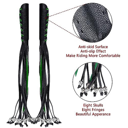 2PCS Faux Leather Motorcycle Lever Covers with Fringes, Motorcycle Brake Clutch Lever Covers Grip Tassels Motorcycle Handlebar Handle Grip Covers, Fringed Leather Lever Covers Wraps with Skulls - color: Black & Green Laces*1 & Black Laces*1