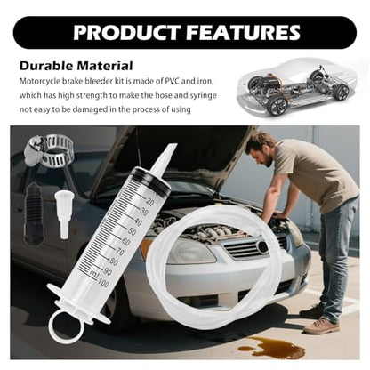 5PCS Motorcycle Brake Bleeder Kit,Disc Brake Fluid Bleeder Kit Includes Hose,100ml Syringe,Clamp,Screws,Profesional Reverse Brakes Bleeders Kits for Motorcycle,Quads,Scooters