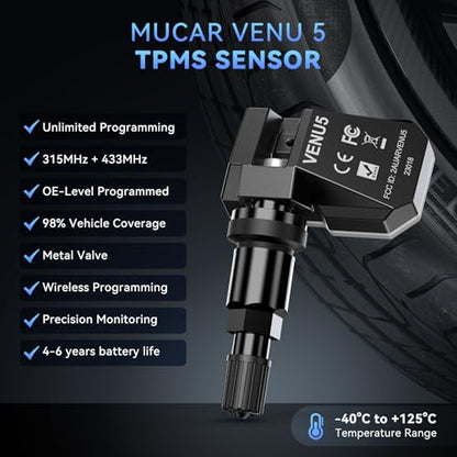 MUCAR VENU5 TPMS Sensor Set of 4, Activation Relearn by Universal TPMS Tool,Tire Pressure Sensor 2-in-1 (315MHz + 433MHz) OE Programmed by T261/VENU iPro for 98% Vehicle Model