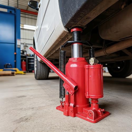 20 Ton Air Hydraulic Bottle Jack with Air-Powered or Manual Operation, One-Piece Hydraulic Cylinder Design, Air Bottle Jack with Carry Handle for Pickup Trucks, Commercial Vehicles, and Farm Equipment - color: Red, size: 20 Ton