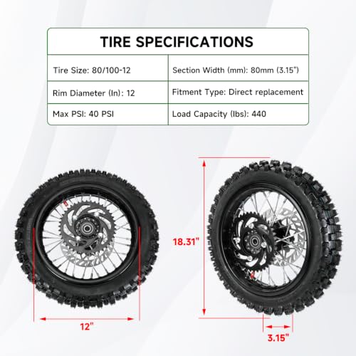 12" Rear Wheel 80/100-12 3.00-12 Dirt Bike for 110cc 125cc SSR SR125