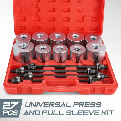 DNA Motoring 27pcs Universal Press and Pull Sleeve Kit, Wheel Bearing/Suspension Bushing Removal Tool Set w/ 22 Adapters (34-80mm ID) & M10-M18 Press Spindles, TOOLS-00783 - style: 27pcs Bearing Removal Tool