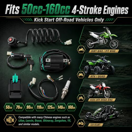 Wiring Loom Harness Kill Switch Ignition Coil Cdi Box Spark Plug Rebuild Kit for Kick Start Dirt Pit Bike ATV 50CC 70CC 90CC 110CC-160cc Buggy Go Kart Wire Harness