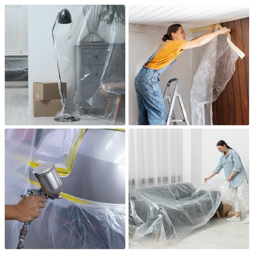 HARFINGTON 12 Rolls Pre-Taped Masking Film 94.5" x65.6ft Tape and Drape Painters Plastic Drop Cloth Film with Tape Plastic Sheeting for Automotive Painting Covering - color: Yellow, size: 94.5"x65.6ft