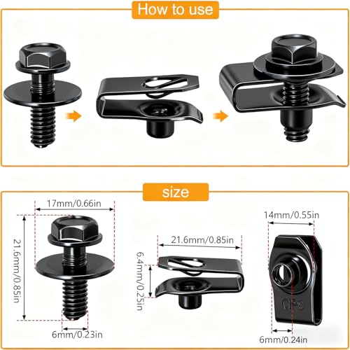 100PCS M6-1.0 Body Bolts & U Nuts Kits for Engine Cover Bumper Fender Liner, Metal Rust-Resistant Automotive Body Screws Clips (50 Sets), Black - color: Black