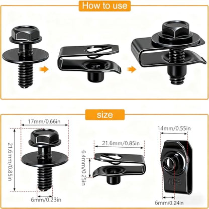 100PCS M6-1.0 Body Bolts & U Nuts Kits for Engine Cover Bumper Fender Liner, Metal Rust-Resistant Automotive Body Screws Clips (50 Sets), Black - color: Black