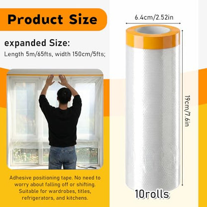 10 Rolls Painters Plastic with Tape, 5Ft x 65Ft