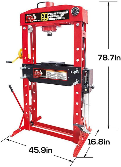 Hydraulic Shop Press, Heavy Duty H-Frame Hydraulic Press, 50 Ton Adjustable Height Floor Press with Press Plates for Metal Bending, Straightening & Bearing Removal, Garage Repair Tool Red