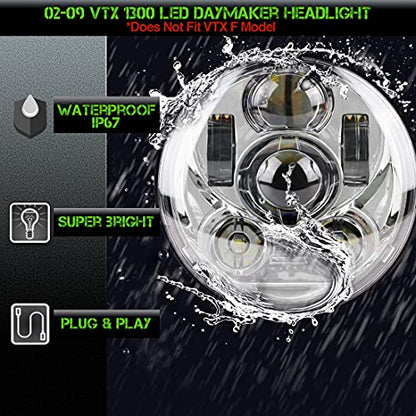 SLK-Lights VTX 5.75 inch Chrome Round LED Projector Daymaker Headlight with Bracket and Hardware - Easy to Install, Plug and Play Motorcycle Headlight for Honda VTX 1300, 1800 - color: Chrome
