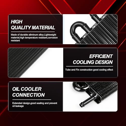 6 Pass Aluminum Transmission Oil Cooler Kit, Universal 5/16" Tube and Fin Design with Mounting Hardware & Hose, Black