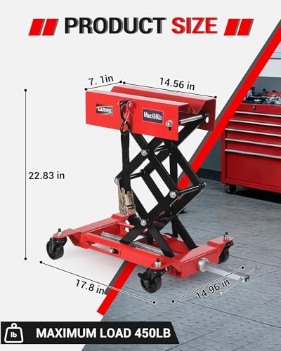 450 LBS Low Profile Transmission Jack, Heavy Duty Auto Repair Lifting Jack with Safety Straps & 4 Swivel Wheels, 7-23 Inch Height Range, Red - color: Red