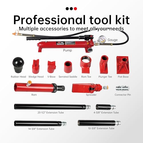 Maxority 10 Ton (20,000 lbs Capacity) Porta Power Jack Hydraulic Ram Auto Body Frame Collision Repair Kit Set, 17-Pcs, with Blow Mold Carrying Case and Gauge - size: 10 Ton with gauge