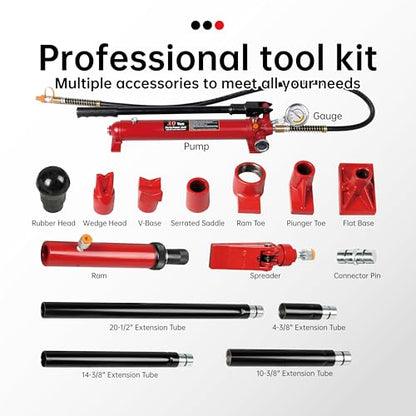 Maxority 10 Ton (20,000 lbs Capacity) Porta Power Jack Hydraulic Ram Auto Body Frame Collision Repair Kit Set, 17-Pcs, with Blow Mold Carrying Case and Gauge - size: 10 Ton with gauge