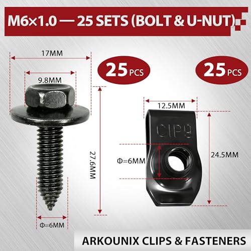 50 Pcs Automotive Body Bolts/Screws & U-Nut Clips Kit, Multipurpose Fender Bolts and Body Fastener Clips for Most Cars, Bumper, Engine Splash Shield, and Fender Liner - style: 50PCS M6x1.0 Screw & U-Nut