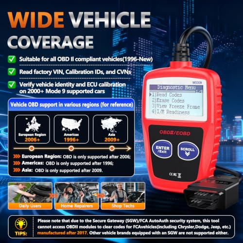 MS309 OBD2 Scanner Check Car Engine Light Fault Code Reader, Universal OBDII Diagnostic Scan Tool Read Clear Trouble Codes, View Freeze Frame Data, OBDII CAN Diagnostic Scan Tool