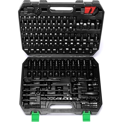 TecoTek 1/4" & 3/8" Dr. Impact Socket Set, 189 Piece Socket Wrench Set Mechanic Tools, Metric and SAE Full Set, CR-V, Deep & Shallow Socket with Ratchet Handle, Spark Plug Socket, Bits for Mechanic - style: 189-Piece 1/4" & 3/8" Drive Socket Set