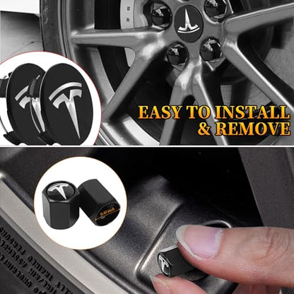 4 Pack Wheel Center Cover for Tesla Model 3 & Model Y,56mm Hubcaps Wheel Rim Cover Tesla Center Caps Hubcaps+4 Car Valve Stem Caps (Matte Black+Silver Emblem) - color: Matte Black+Silver Emblem