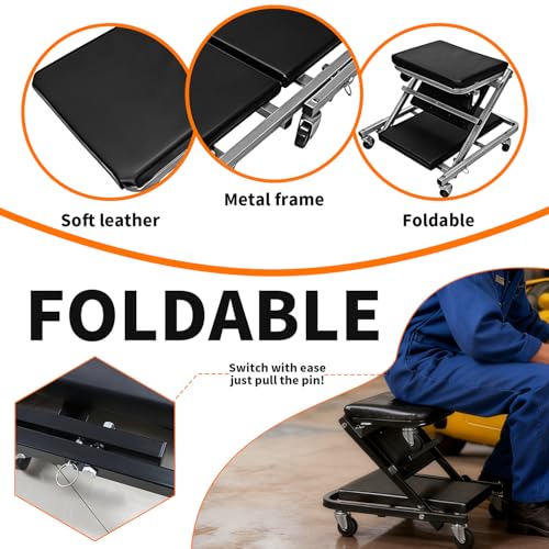 40" Heavy Duty Folding Mechanics Z Creeper & Rolling Seat, 450 lbs Capacity, 2-in-1 Z-Creeper with 6 Universal Swivel Wheels, Padded Support, Foldable Garage Stool for Auto Repair, Truck, SUV (Black) - size: 40 inch