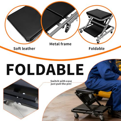 40" Heavy Duty Folding Mechanics Z Creeper & Rolling Seat, 450 lbs Capacity, 2-in-1 Z-Creeper with 6 Universal Swivel Wheels, Padded Support, Foldable Garage Stool for Auto Repair, Truck, SUV (Black) - size: 40 inch