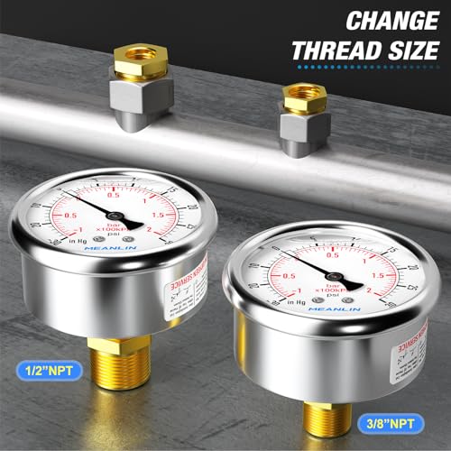 MEANLIN MEASURE -30inHG~30Psi Stainless Steel 1/4" NPT 2.5" FACE DIAL,Vacuum Pressure Gauge,Center Back Mount, with 1/2" NPT and 3/8" NPT Hex Bushing - size: -30inHG-30Psi