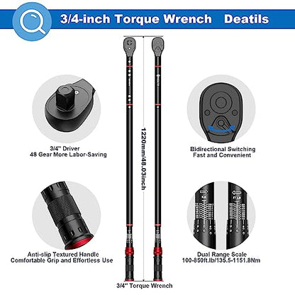 SUERCUP 3/4-inch Drive Click Torque Wrench, 100-850ft.lb/135.5-1151.8Nm - size: 3/4" 100-850 Ft.Lb/135.5-1151.8 N.m