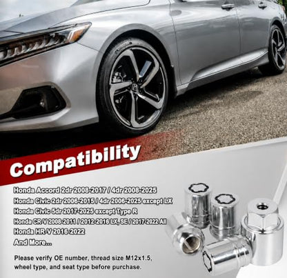 Anti-Theft Wheel Lock Lug Nuts, M12x1.5, 4-Piece Set + 1 Hex Key, Compatible with Honda Accord, CR-V, Civic, HR-V，Replace 08W42-SNA-101