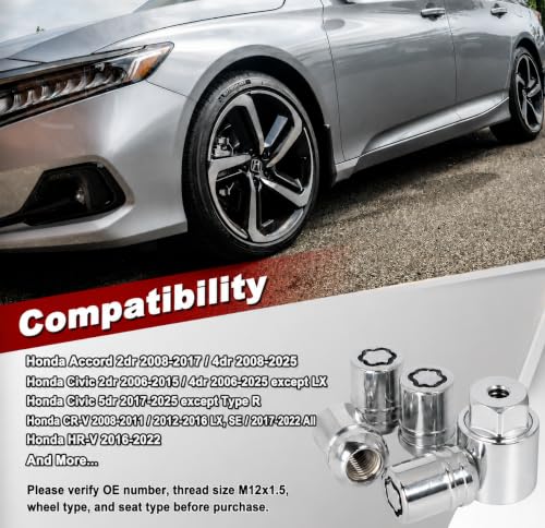 Anti-Theft Wheel Lock Lug Nuts, M12x1.5, 4-Piece Set + 1 Hex Key, Compatible with Honda Accord, CR-V, Civic, HR-V，Replace 08W42-SNA-101