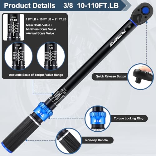 3/8 inch Drive Click Torque Wrench, Click Torque Wrench 3/8 Torquimetro 10-110 FT.LB/13.6-149.2 Nm, Dual-Direction Adjustable 72 Tooth for Bike Moto and Car Repair - size: 3/8" 10-110 FT.LB