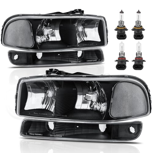 KUIPERAUTO Headlight Assembly Front Lamp Compatible with 1999-2006 GMC Sierra 1500 2500, 2000-2006 GMC Yukon Headlamp w/Bulb Black Housing/Clear Lens/Clear Corner - color: Black/Clear/Clear