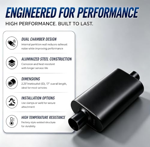 Universal 2.5" ID Center/Center Dual Chamber Muffler - Aggressive Deep Sound, Black Aluminized Steel, Welded/Clamp-On (17" Total Length) - color: Black, size: 2.5 Inch