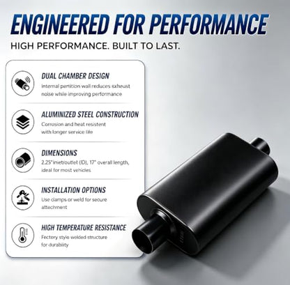 Universal 2.5" ID Center/Center Dual Chamber Muffler - Aggressive Deep Sound, Black Aluminized Steel, Welded/Clamp-On (17" Total Length) - color: Black, size: 2.5 Inch