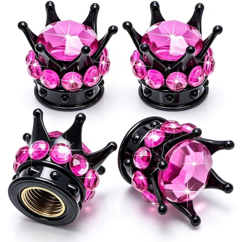 4PCS Crown Bling Tire Stem Valve Caps, Crystal Diamond Car Wheel Tire Valve Caps Universal Copper Core Stem Covers for Cars, SUV, Trucks, Bikes, Motorcycles, Bicycles (Black & Rose Red) - color: Black & Rose Red