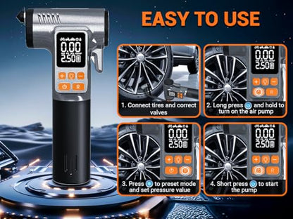 Car Tire Inflator with Window Breaker Seatbelt Cutter: 180PSI Air Pump - Portable Air Compressor with Digital Pressure Gauge & Auto Shut-Off for Car, Bike, Ball, Motorcycle, Swim Ring - Gift for Men