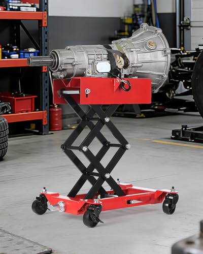 450 LBS Low Profile Transmission Jack, Heavy Duty Auto Repair Lifting Jack with Safety Straps & 4 Swivel Wheels, 7-23 Inch Height Range, Red - color: Red
