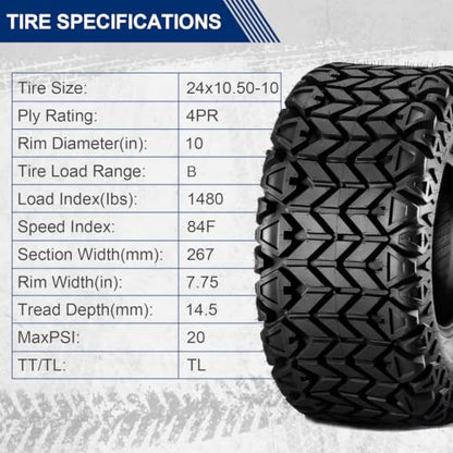 MaxAuto 24x10.50-10 ATV Tires for Lawn & All Terrain– Fit Side by Side/UTV, 4PR Tubeless, 2-Pack