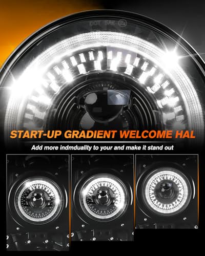 MGLLGHT DOT 7 Inch LED Headlight Motorcycle 1000% Bright DRL Amber Turn Signal High/Low Beam, Projector Angel Eyes Compatible with Electra Glide Tour FLD Softail Street Glide Road King - color: Starry Design