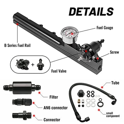 High-Flow Fuel Rail Kit with Pressure Regulator Gauge for Honda B-Series Swapped Engines (B16, B18, B20), 1/2" Large Fuel Bore, Compatible with Civic Integra B16A2 B18C1 B18C5