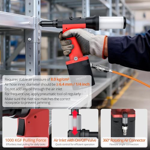 Proster Self-Suction Pneumatic Rivet Gun - Automatic Rivet Loading with 4 Nosepieces (3/32", 1/8", 5/32", 3/16"), 360° Swivel Air Hose Fitting for Automotive Marine Metal Fabrication - size: 4 Nozzles