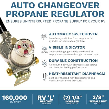 Cavagna Kosan 924N RV Propane Regulator for RV Trailer, Auto Changeover Dual Cylinder Setup, 160000 BTU Capacity, Adjustable pressure and Corrosion resistant