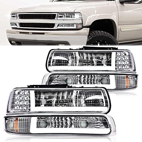 G-PLUS LED DRL Headlights Assembly Fit 1999-2002 Chevy Silverado - size: [LED Chrome] 1999-2002 Silverado
