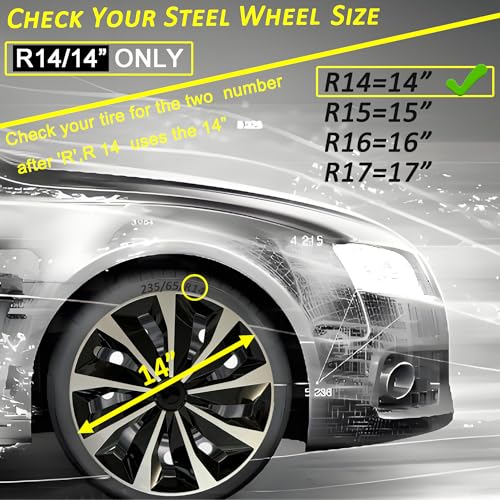 14 inch Hubcaps ABS Replacement for Steel Wheel（Non-Alloy） Snap-on Set of 4 - color: TT-Silver-Black, size: 14-inch